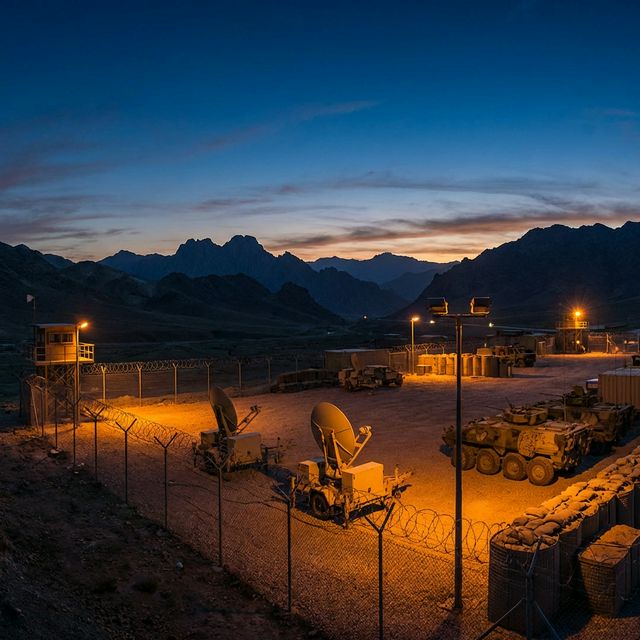 Forward operating base perimeter at dusk